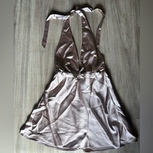 Zara Backless deep v neck halter Satin Dress in Soft metallic bronze small